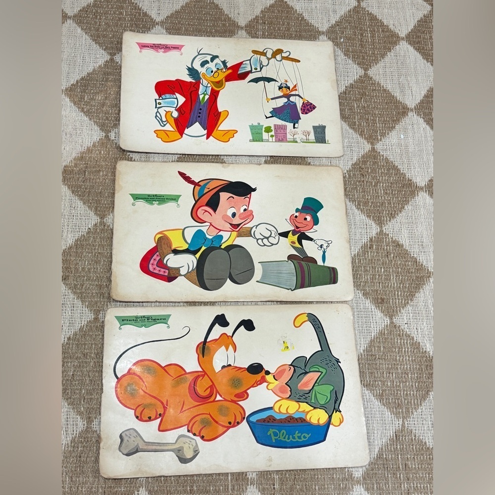 Vintage 1950s Disney Placemats Set Pinocchio Pluto Mary Poppins plastic movies